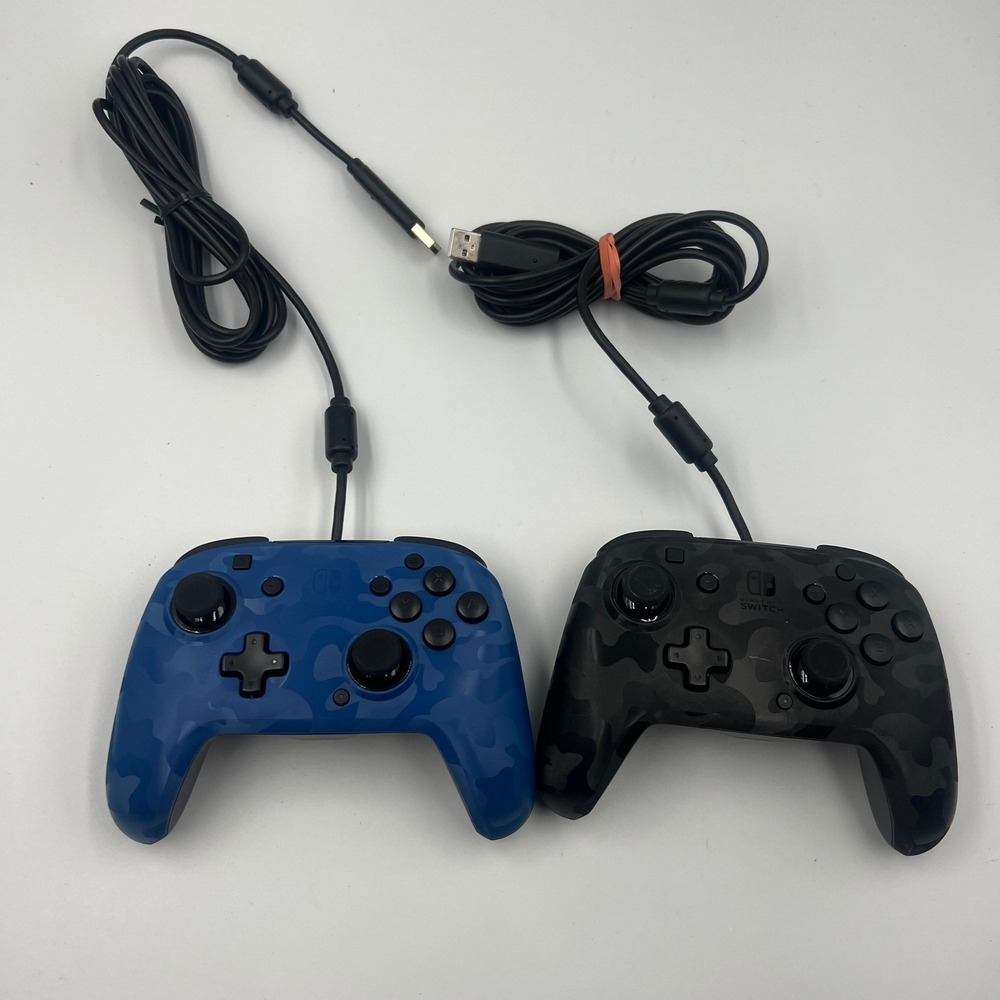 2 PDP Faceoff Wired Pro Controller Nintendo Switch Blue & Black Camo Bundle